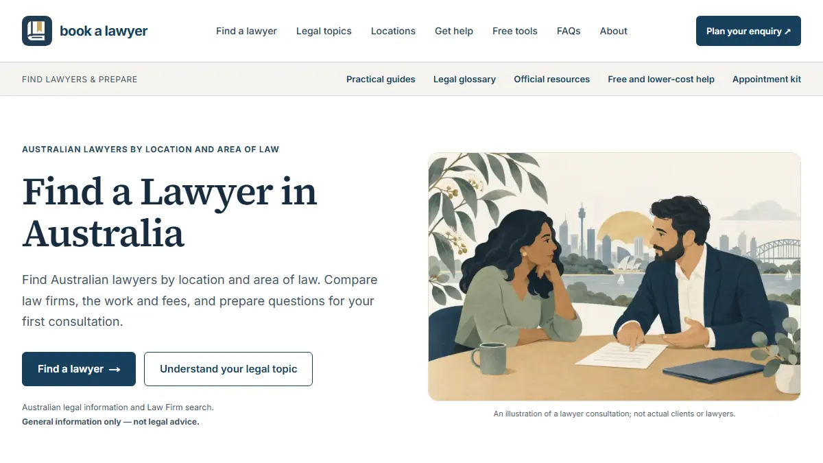 Book a Lawyer homepage screenshot captured 26 September 2026
