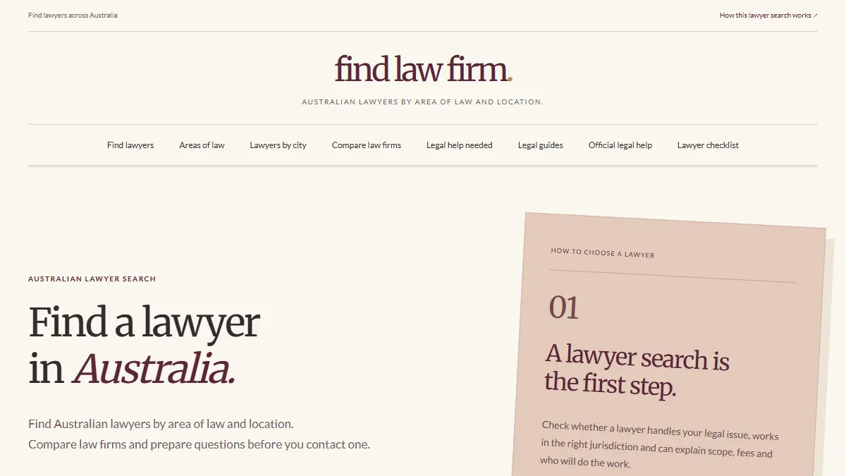 Find Law Firm homepage screenshot captured 26 September 2026