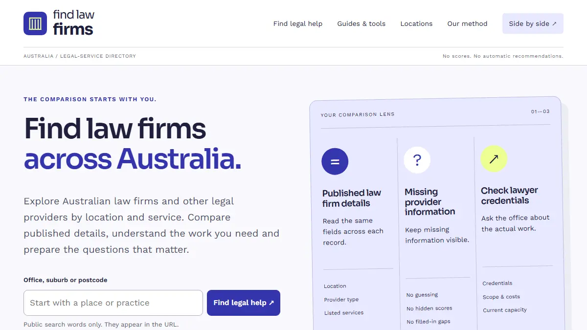Find Law Firms homepage screenshot captured 26 September 2026