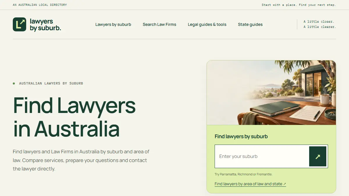 Lawyers by Suburb homepage screenshot captured 26 September 2026
