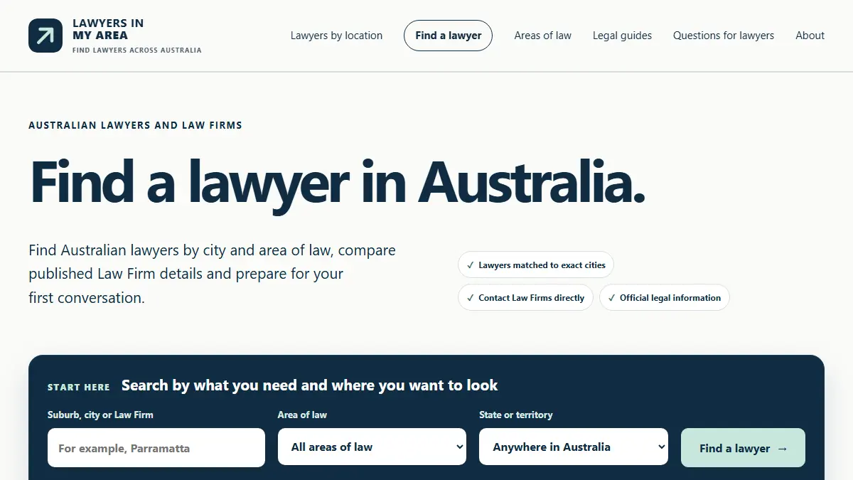 Lawyers in My Area homepage screenshot captured 26 September 2026