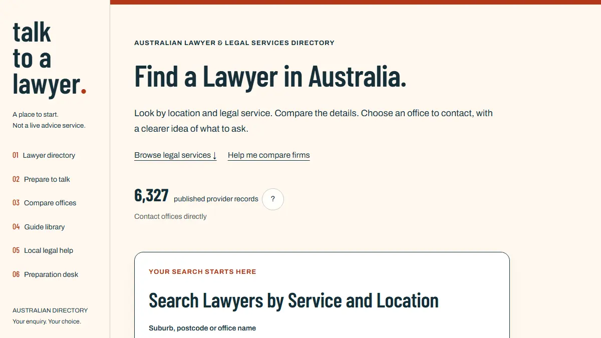 Talk to a Lawyer homepage screenshot captured 26 September 2026
